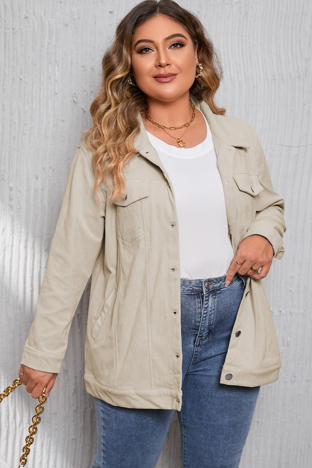 Khaki Plus Size Crochet Pattern Back Corduroy Jacket - SELFTRITSS