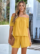 Full Size Off-Shoulder Short Sleeve Top and Tied Shorts Set - SELFTRITSS   