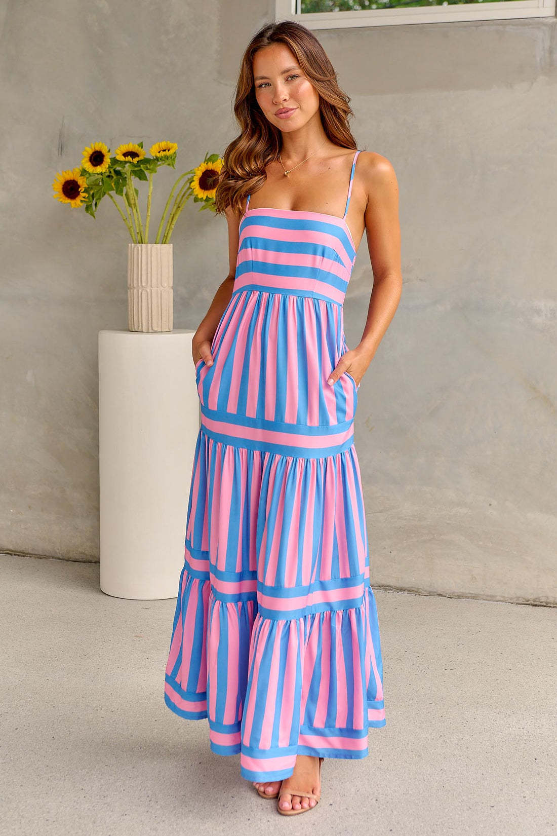 Summer Striped Printed Suspender Long Dress With Pockets - SELFTRITSS   