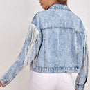 Fringe Detail Collared Neck Long Sleeve Denim Jacket - SELFTRITSS