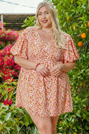 Multicolor Plus Size Floral Print Puff Sleeves Dress - SELFTRITSS