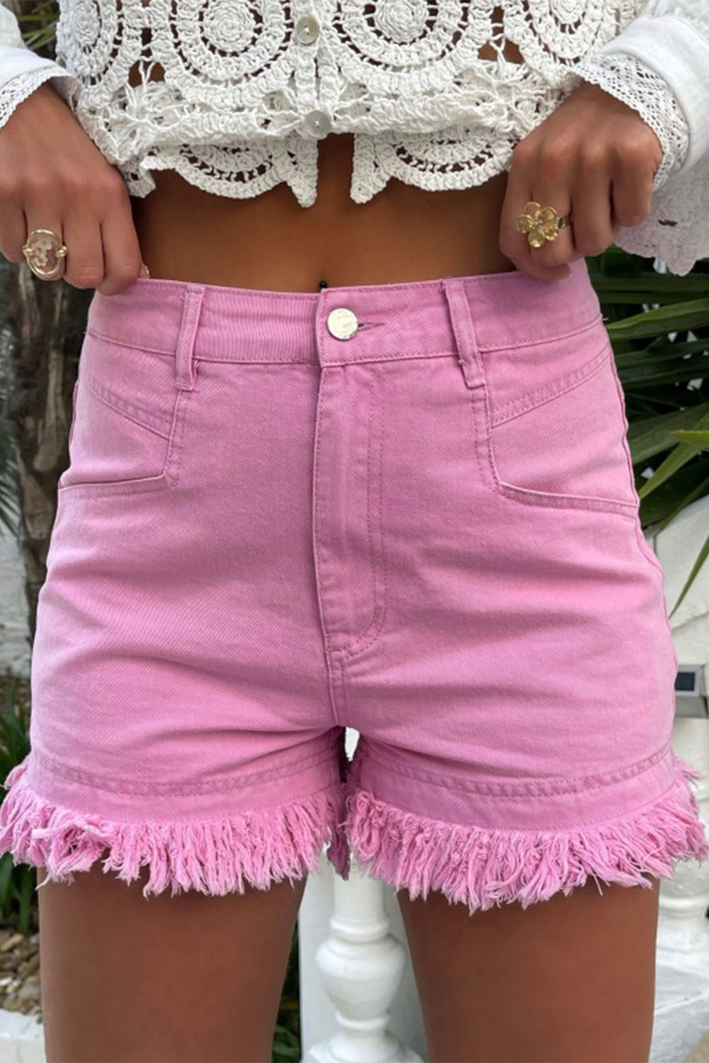 Pink Frayed Edge Mid Rise Denim Shorts - SELFTRITSS