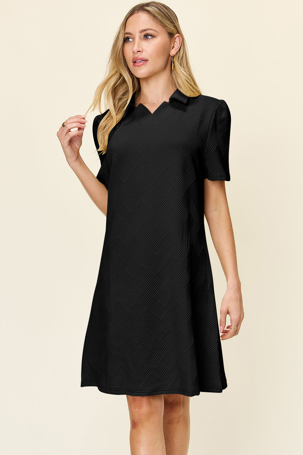 Double Take Full Size Texture Collared Neck Short Sleeve Dress - SELFTRITSS