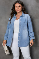 Sky Blue Plus Size Chest Pocket Button-Up Denim Shacket - SELFTRITSS