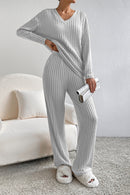 Light Grey Ribbed Knit V Neck Slouchy Two-piece Outfit - SELFTRITSS   