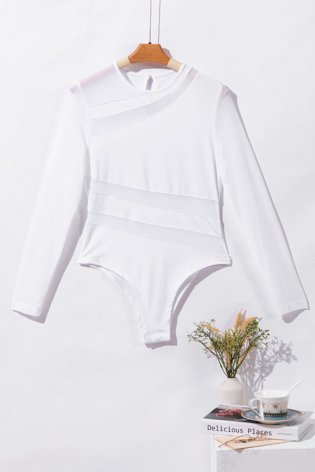 White Mesh Splicing Back Cutout Long Sleeve Bodysuit - SELFTRITSS   