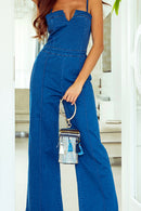 Blue Spaghetti Straps Notch V Denim Jumpsuit - SELFTRITSS   