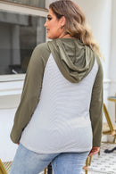 Green Striped Raglan Sleeve Buttoned Pocket Plus Size Hoodie - SELFTRITSS