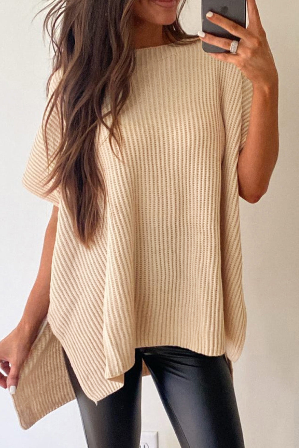 Apricot Short Sleeve Side Slit Oversized Sweater - SELFTRITSS