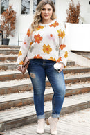 White Plus Size Flower Pattern Ribbed Trim Casual Sweater - SELFTRITSS