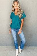 Blue Sapphire Crinkled V Neck Wide Sleeve T-shirt - SELFTRITSS