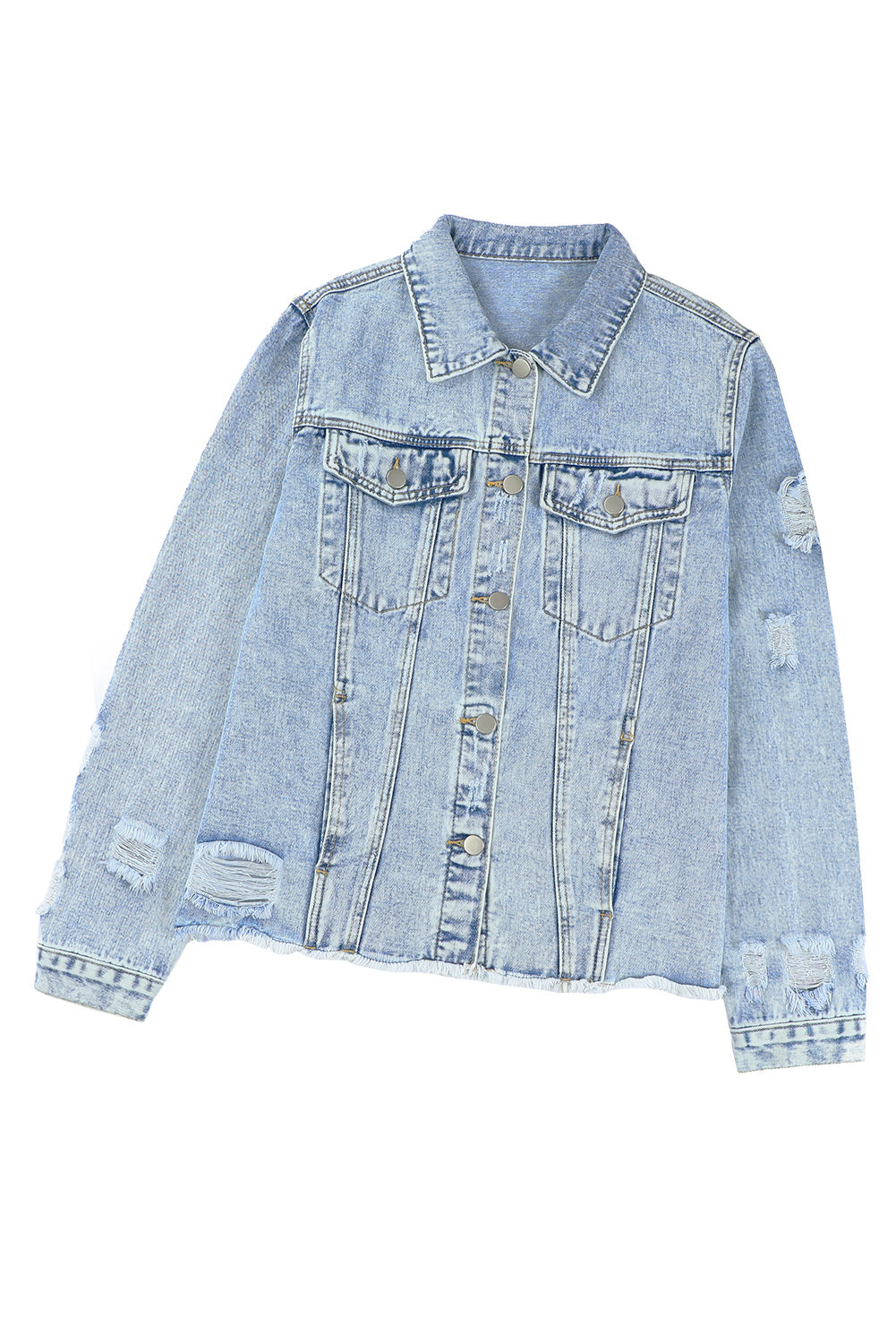 Sky Blue Lapel Distressed Raw Hem Buttons Denim Jacket - SELFTRITSS   