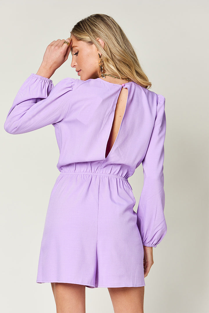 Double Take Full Size Drawstring Long Sleeve Romper - SELFTRITSS