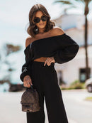 Off Shoulder Long Sleeve Top and Pants Set - SELFTRITSS   