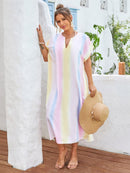 Slit Striped Notched Short Sleeve Cover Up - SELFTRITSS