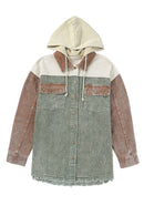 Green Color Block Button Down Hooded Corduroy Jacket - SELFTRITSS   