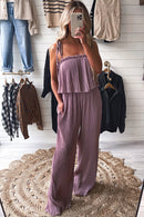 Rose Tan Solid Self Tied Straps Pleated Wide Leg Jumpsuit - SELFTRITSS   