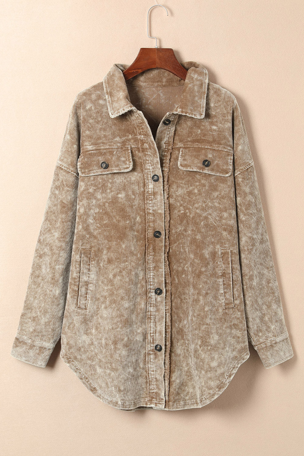 Khaki Vintage Distressed Mineral Wash Oversized Shacket - SELFTRITSS   