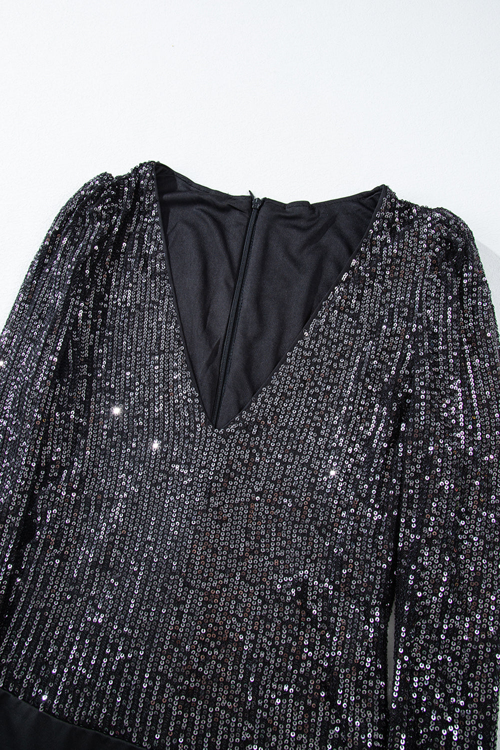 Black Sequin V Neck Zipped Long Sleeve Bodysuit - SELFTRITSS   