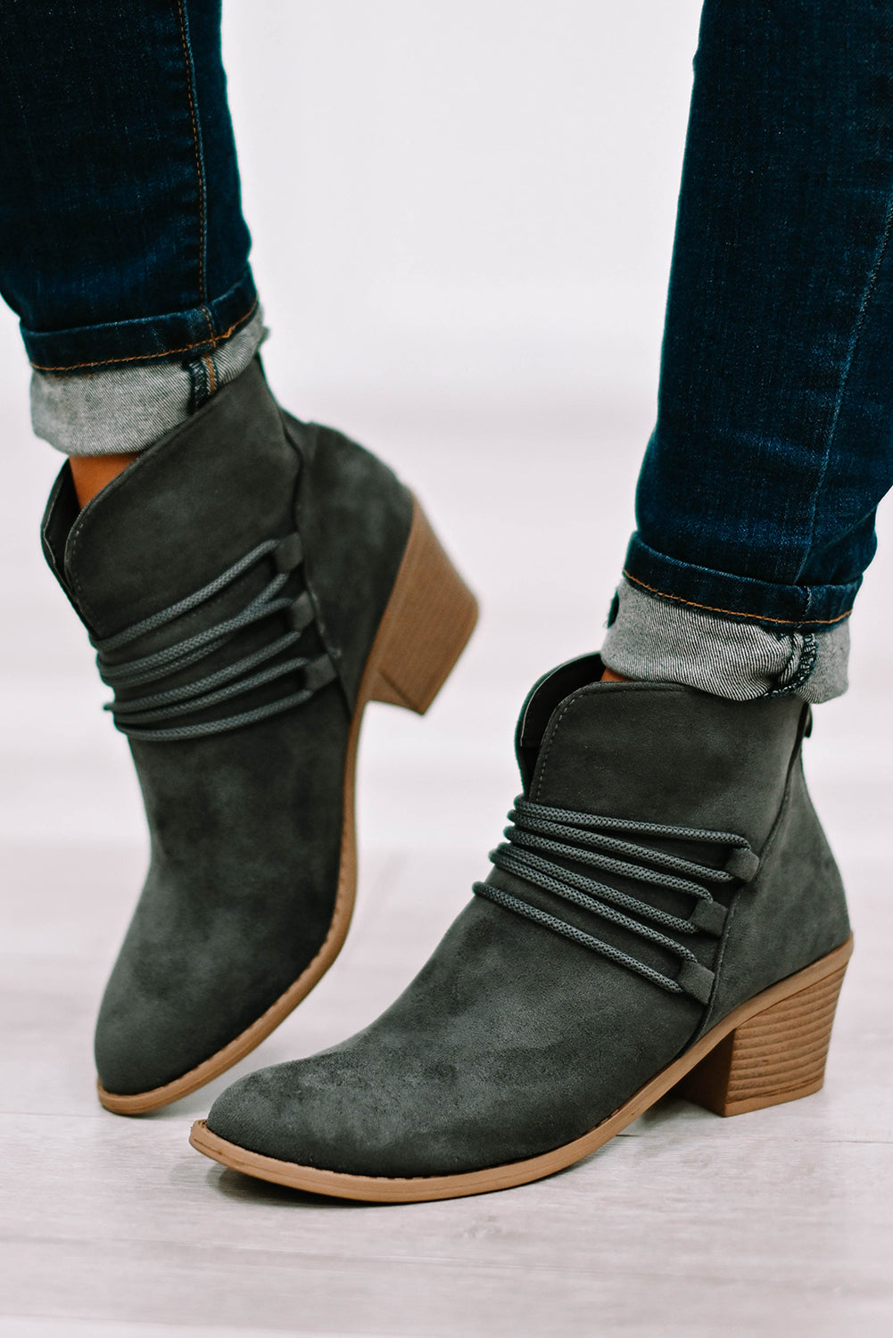Dark Grey Criss Cross Slip-on Point Toe Heeled Boots - SELFTRITSS