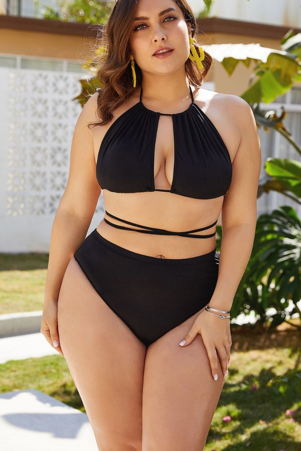 Plus Size Cutout Tied Backless Bikini Set - SELFTRITSS   