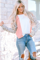 Apricot Colorblock Leopard Sleeve Patchwork Top - SELFTRITSS   