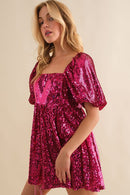 Rose Red Short Puff Sleeve Sequin Babydoll Romper - SELFTRITSS