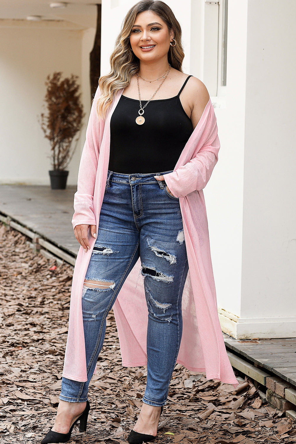 Pink Sheer Knitted Long Side Slit Plus Size Cardigan - SELFTRITSS