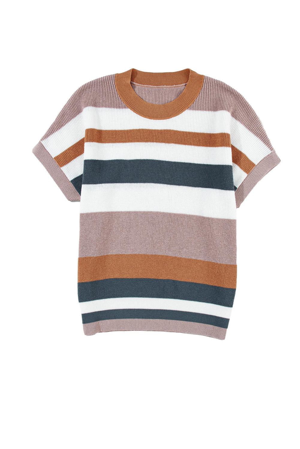 Camel Striped Knit Crew Neck T Shirt Sweater - SELFTRITSS   