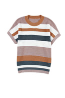 Camel Striped Knit Crew Neck T Shirt Sweater - SELFTRITSS   