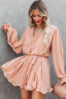 Pink Pleated Ruffled Tie Waist Buttons V Neck Romper - SELFTRITSS