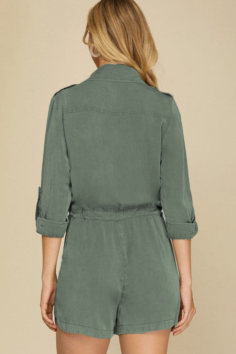 Jungle Green Roll up Sleeve Flap Pockets Drawstring Playsuit