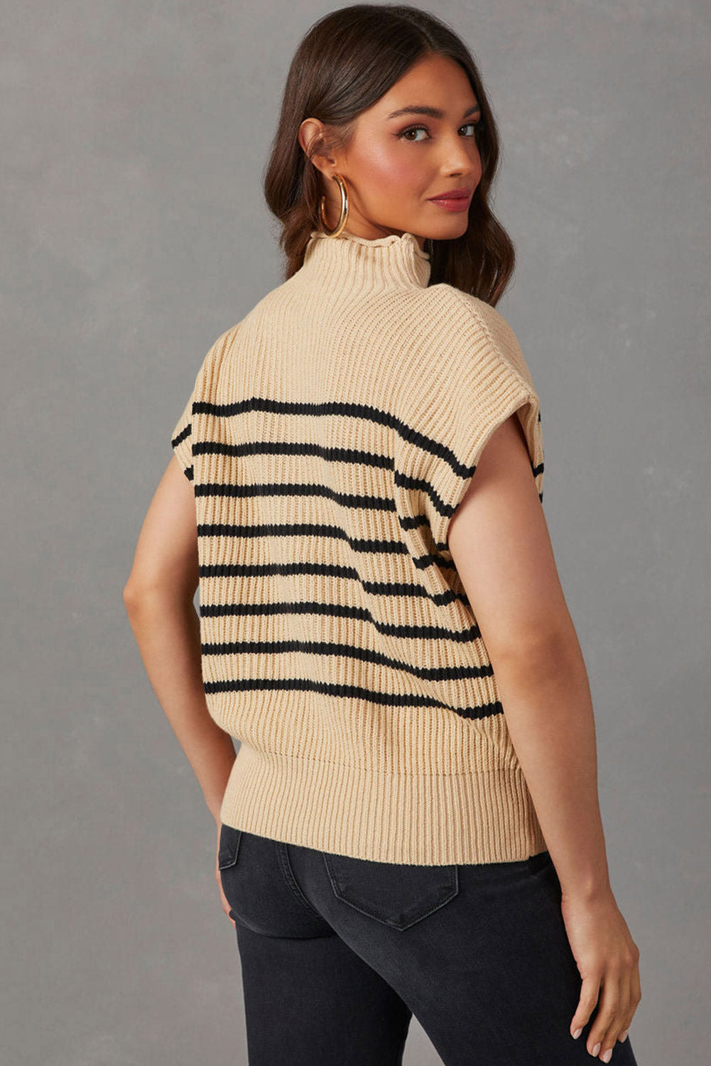 Parchment Striped Ribbed Knit High Neck Sweater - SELFTRITSS   