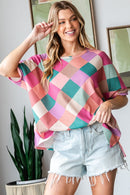 Full Size Multi Colored Argyle Side Slit T-Shirt