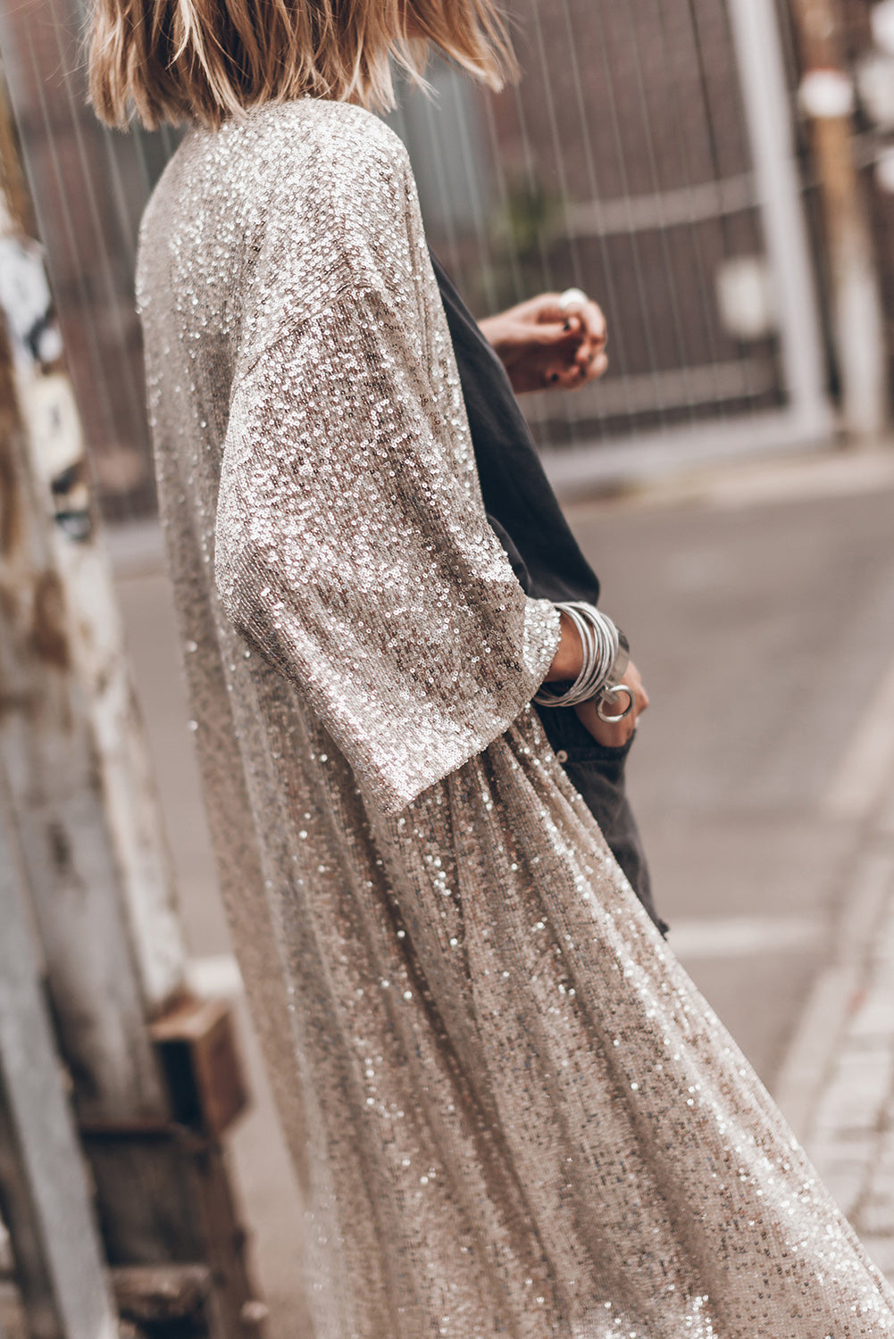 Apricot Sequin 3/4 Sleeve Open Front Duster Kimono - SELFTRITSS