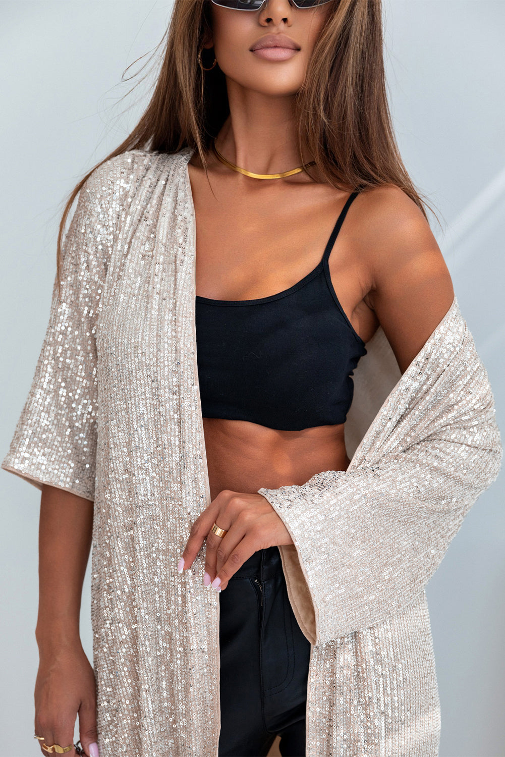 Apricot Sequin 3/4 Sleeve Open Front Duster Kimono - SELFTRITSS