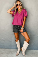 Bright Pink Crinkled V Neck Wide Sleeve T-shirt - SELFTRITSS