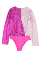 Rose Sparkle Color Block V-Neck Long Sleeve Bodysuit - SELFTRITSS