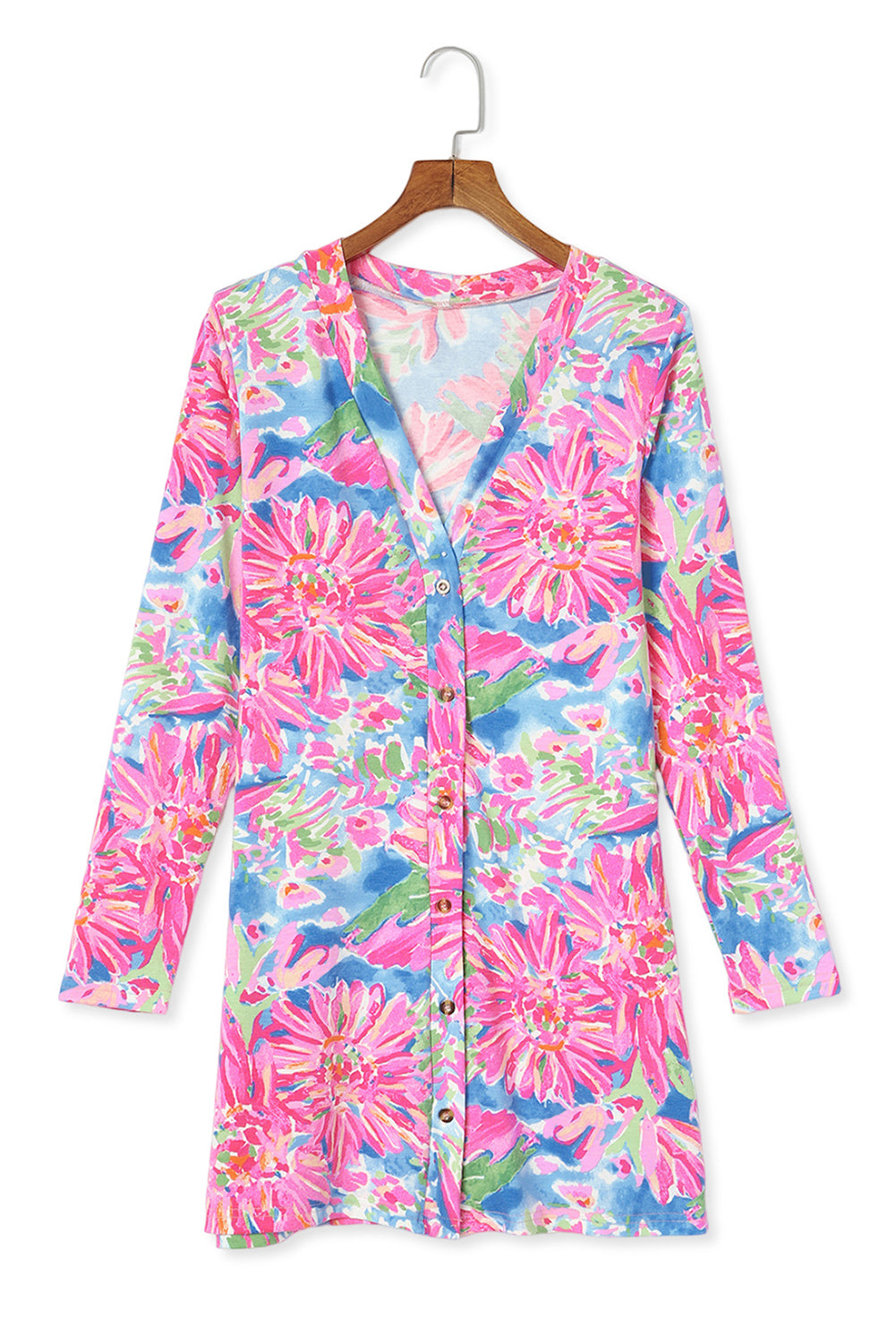 Pink Flower Print Long Sleeve Button Up Cardigan - SELFTRITSS