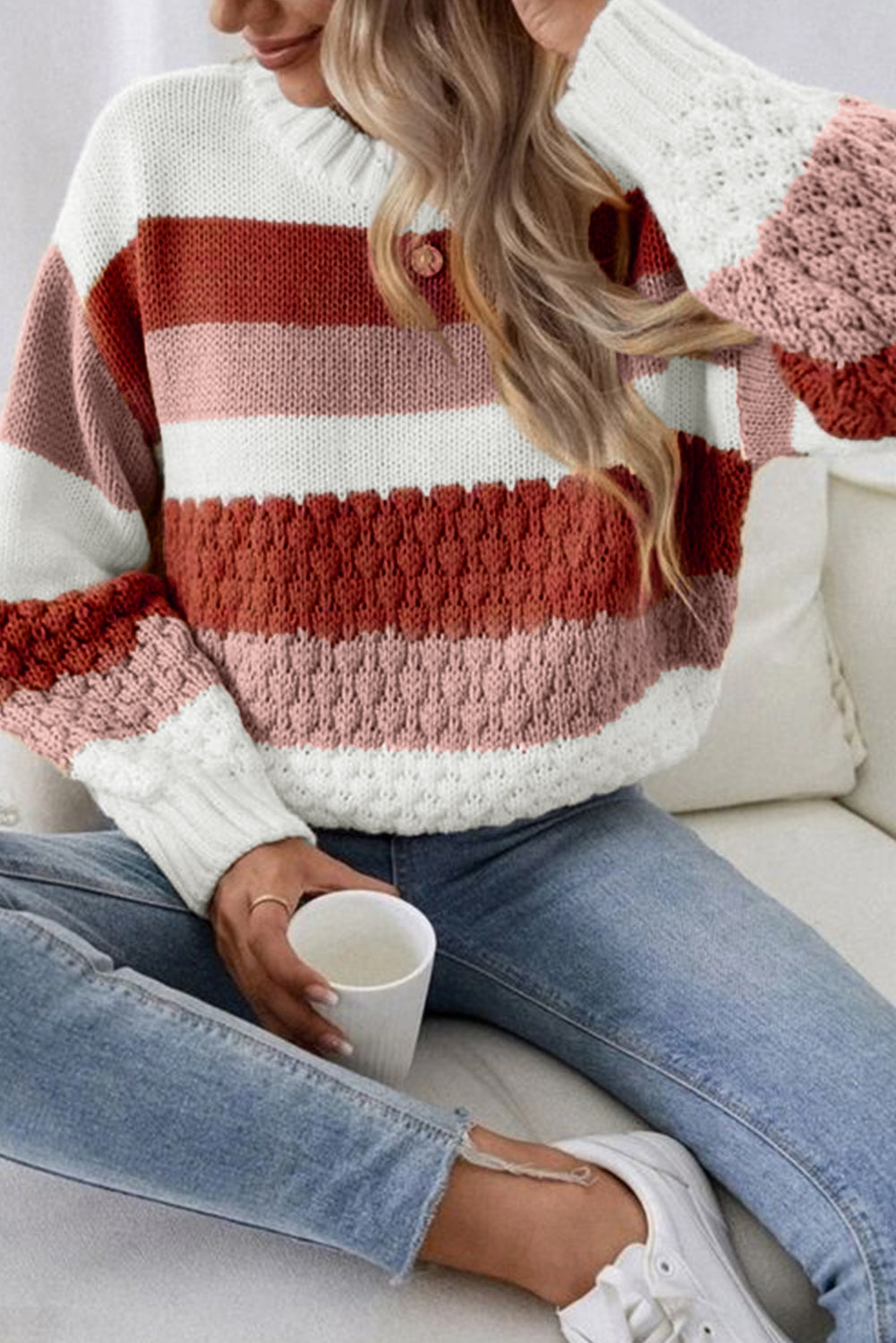 Red Stripe Cable Knit Drop Shoulder Sweater - SELFTRITSS