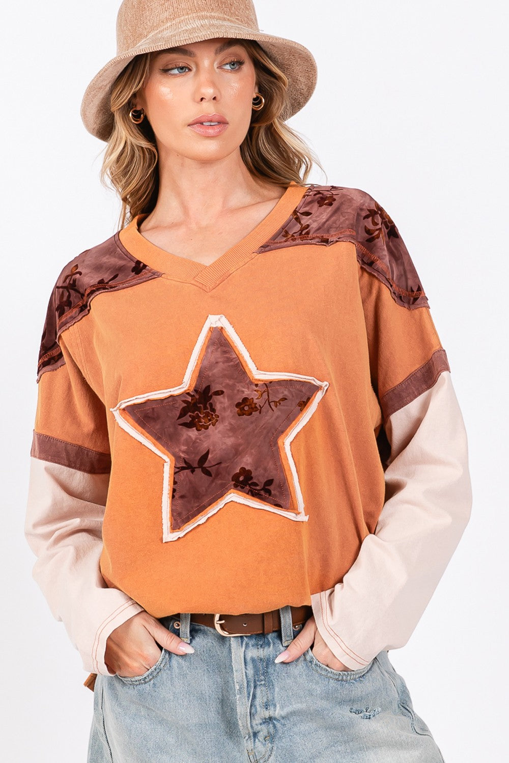 Star Patch Long Sleeve Color Block Sweater