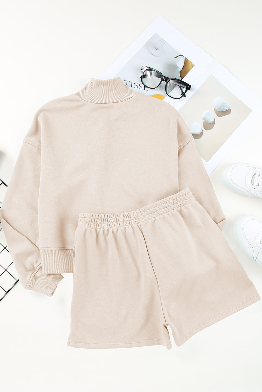 Apricot Casual High Neck Henley Top and Short Outfit - SELFTRITSS