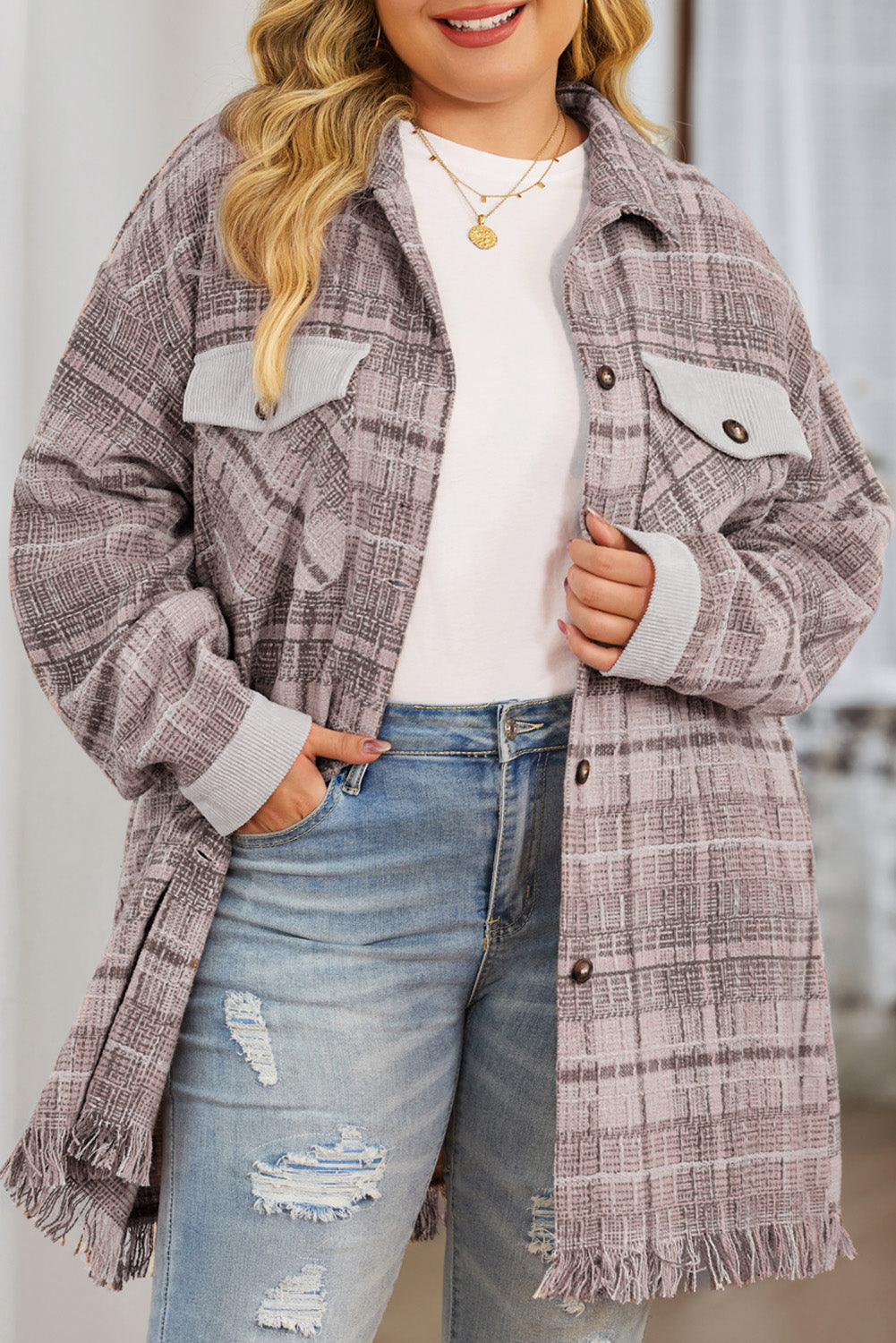 Pink Plus Size Macrame Plaid Coat - SELFTRITSS