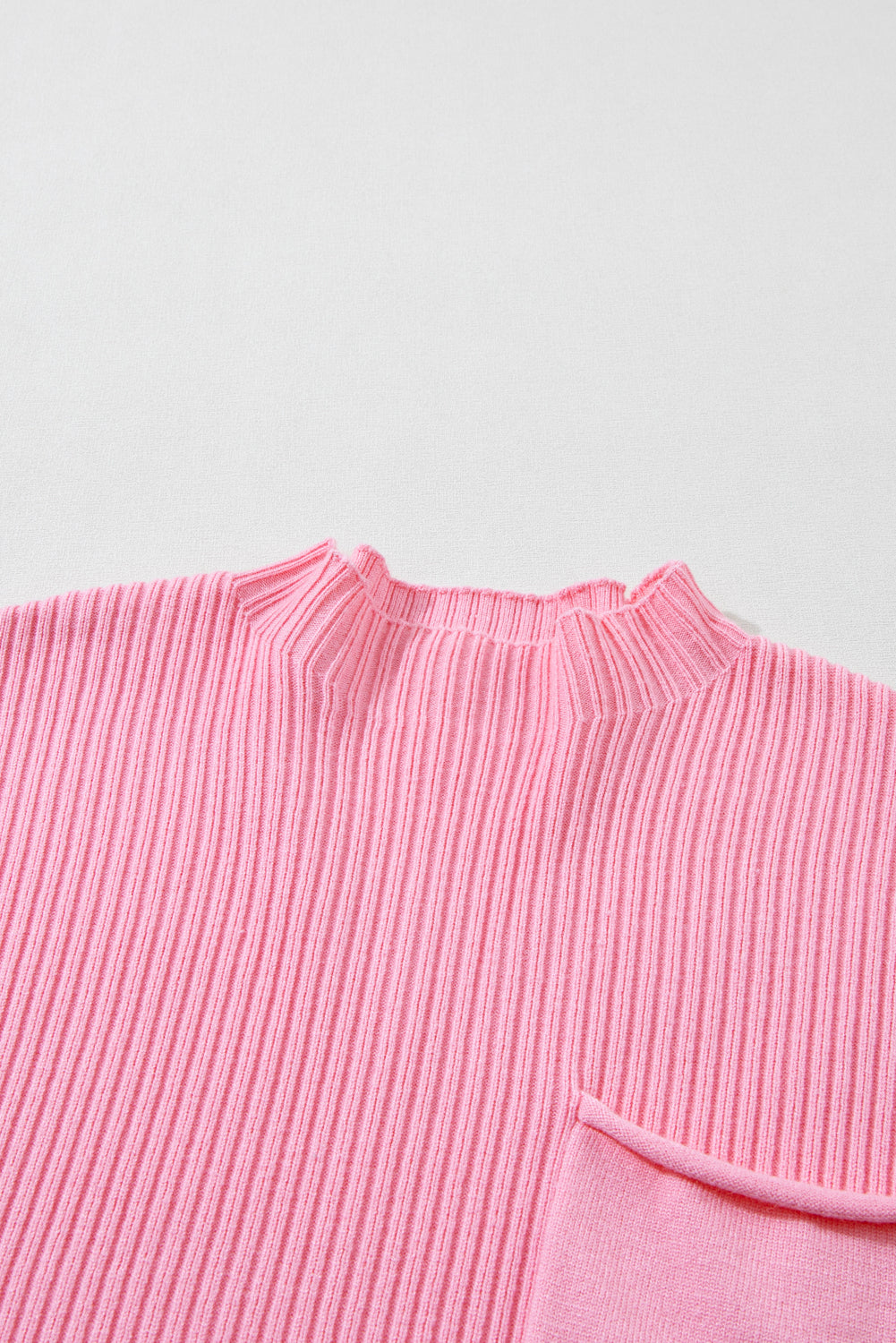 Pink Patch Pocket Ribbed Knit Short Sleeve Sweater - SELFTRITSS   