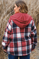 Red Printed Plus Size Plaid Button up Hooded Jacket - SELFTRITSS