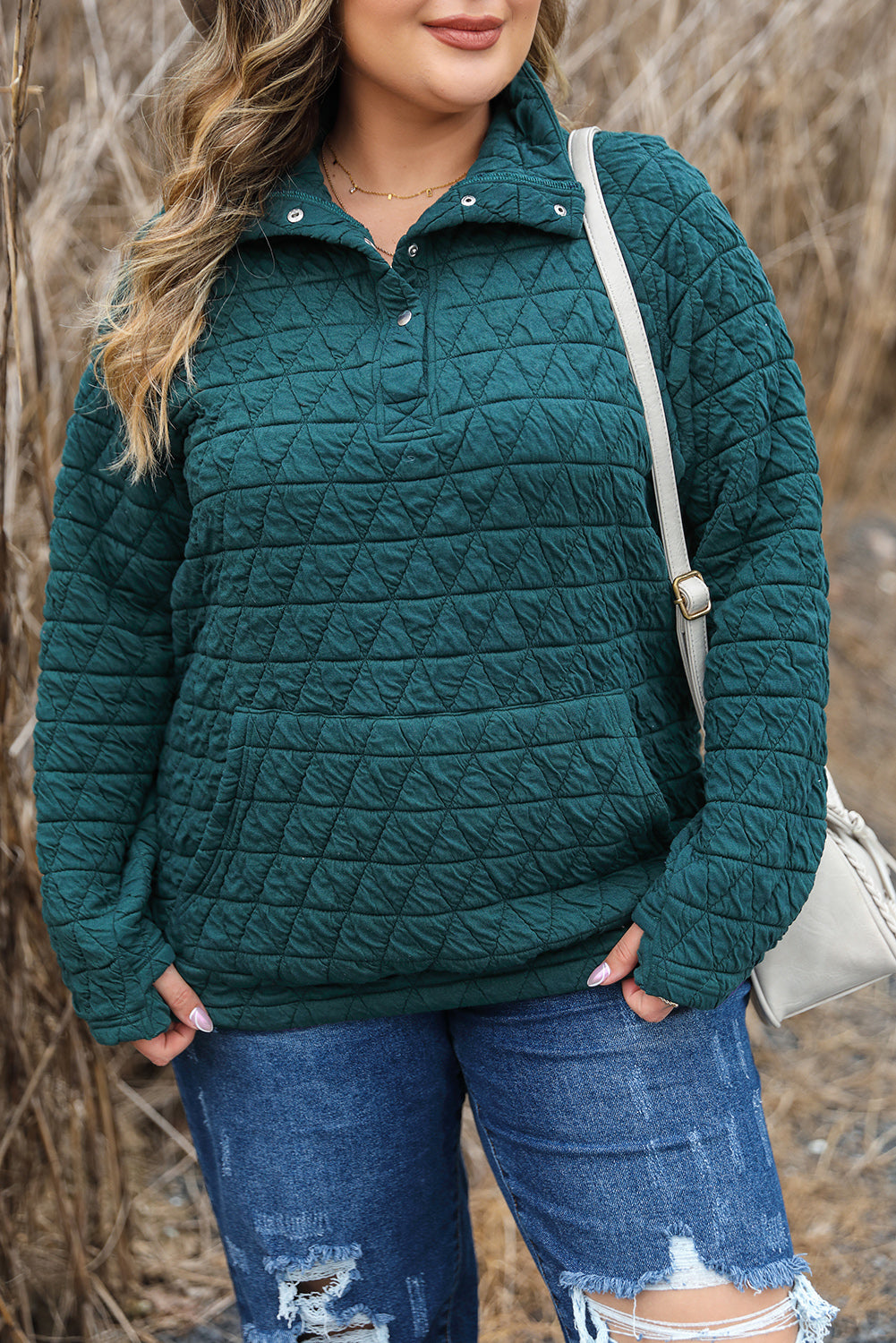 Blackish Green Plus Size Quarter Buttoned Pocketed Quilted Sweatshirt - SELFTRITSS