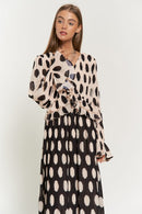 Polka Dot Ruffled Long Sleeve Pleated Maxi Dress - SELFTRITSS