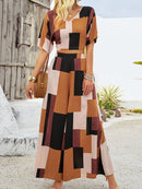 Color Block V-Neck Top and Wide Leg Pants Set - SELFTRITSS   