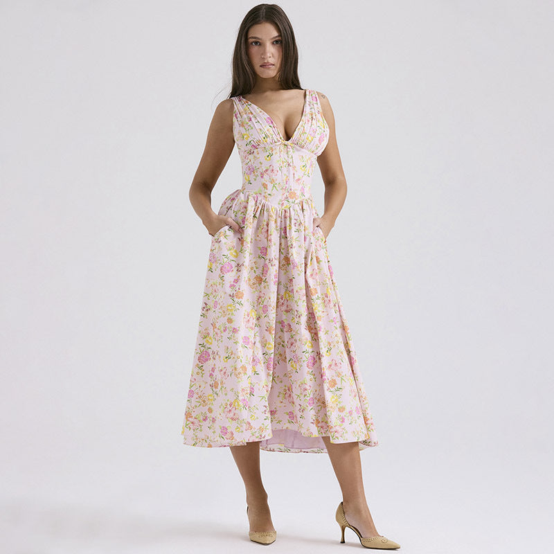 Pleated Floral Print Tight Waist Swing Dress - SELFTRITSS   