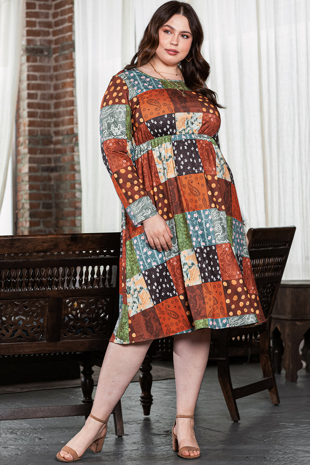 Green Printed Multicolor Western Checkered Plus Size Swing Dress - SELFTRITSS